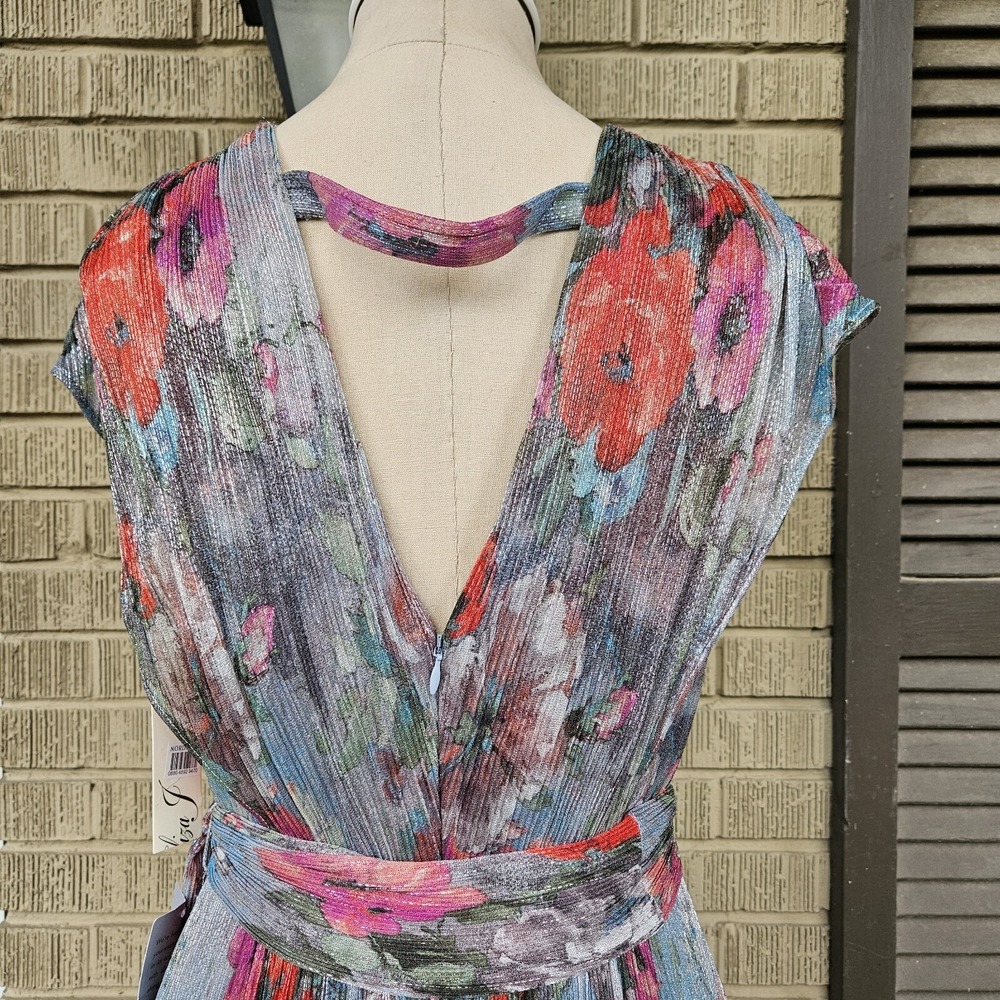 Eliza J Metallic Floral Pleated Cap Sleeve Dress Size 10 - Picture 5 of 10